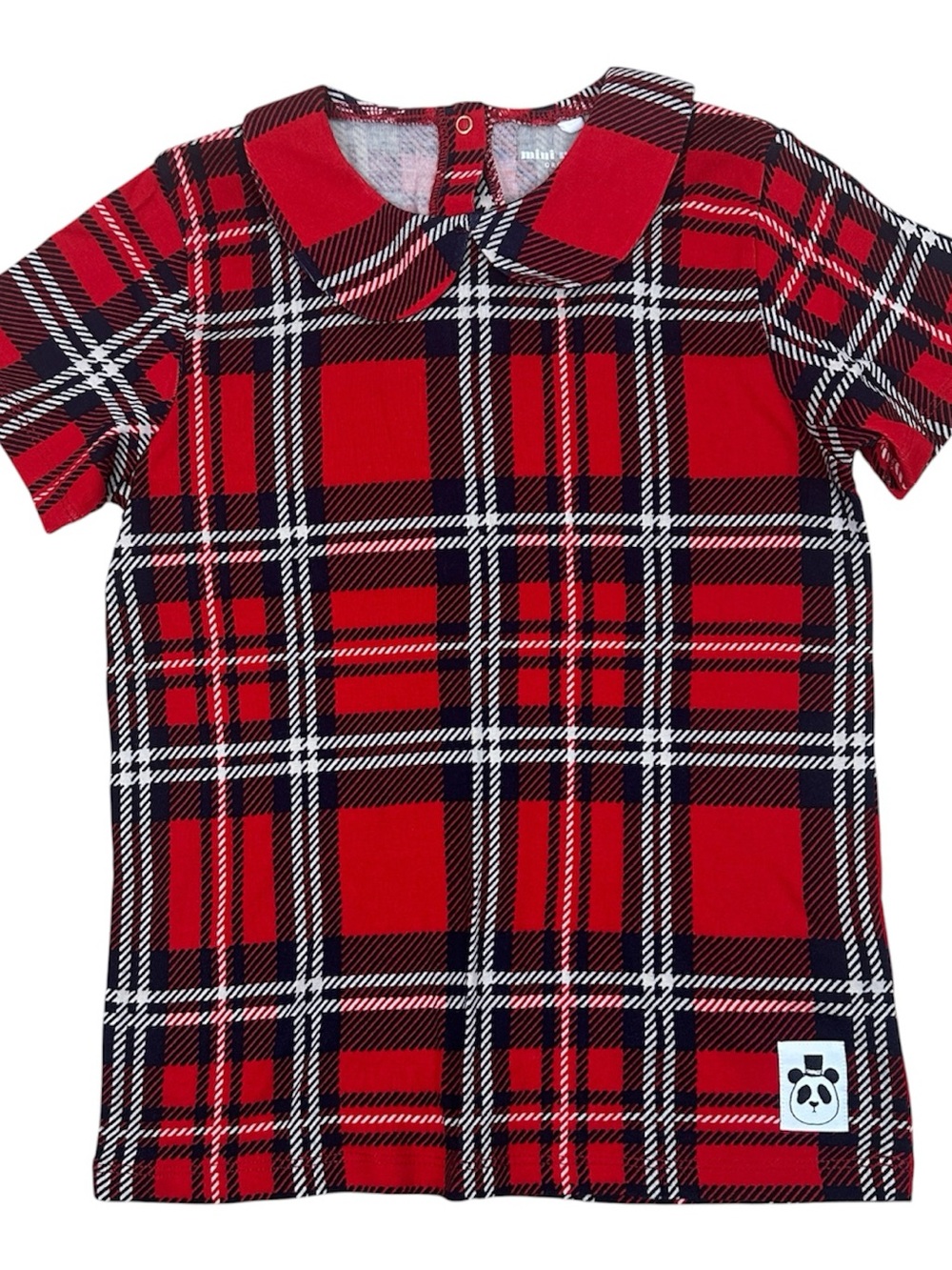 Mini Rodini Red Plaid Short Sleeve Tee with Peter Pan Collar